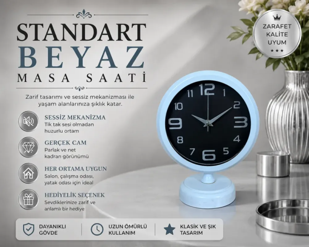 Beyaz Metal Masa Saati 25 x 20 cm · Model MS-2009W