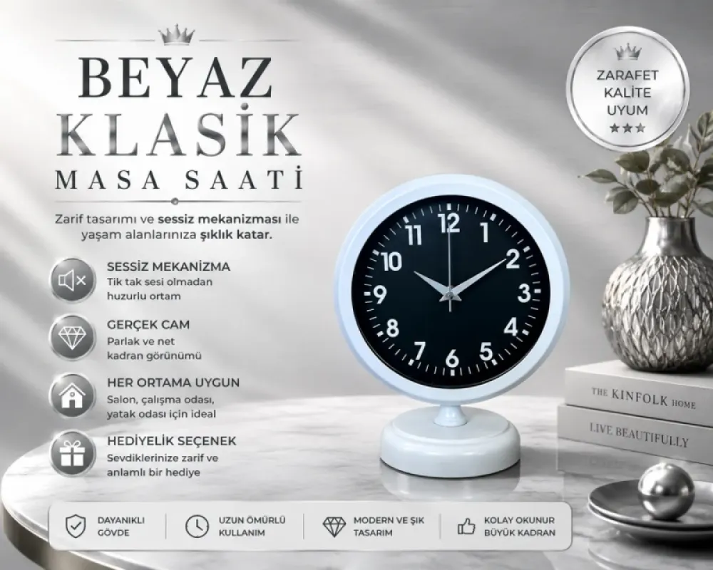 Beyaz Metal Masa Saati 25 x 20 cm · Model MS-2031W