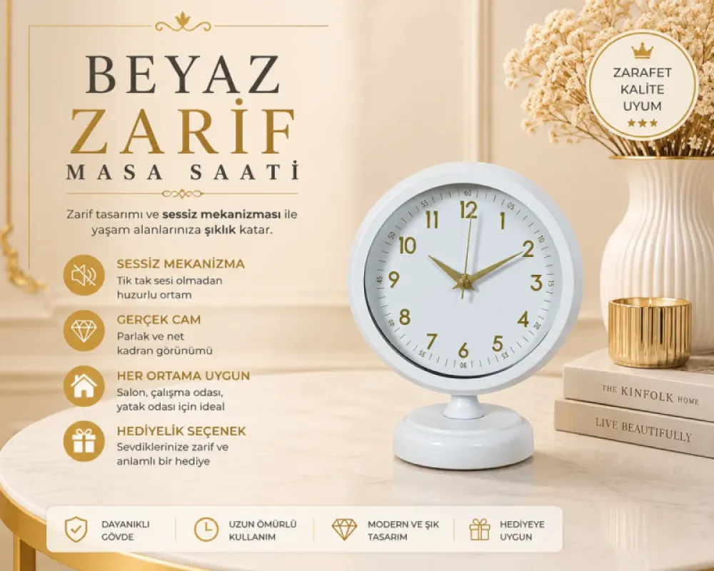Beyaz Metal Masa Saati 25 x 20 cm · Model MS-2043W