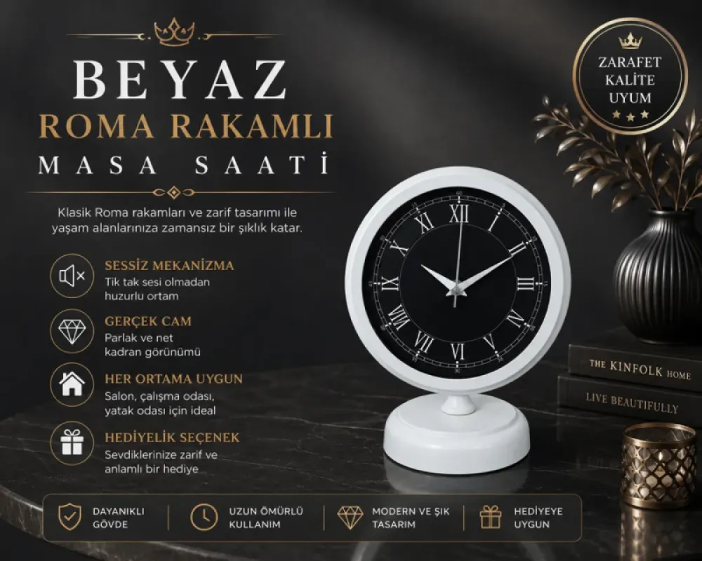 Roma Rakamlı Beyaz Metal Masa Saati 25 x 20 cm · Model MS-2051W