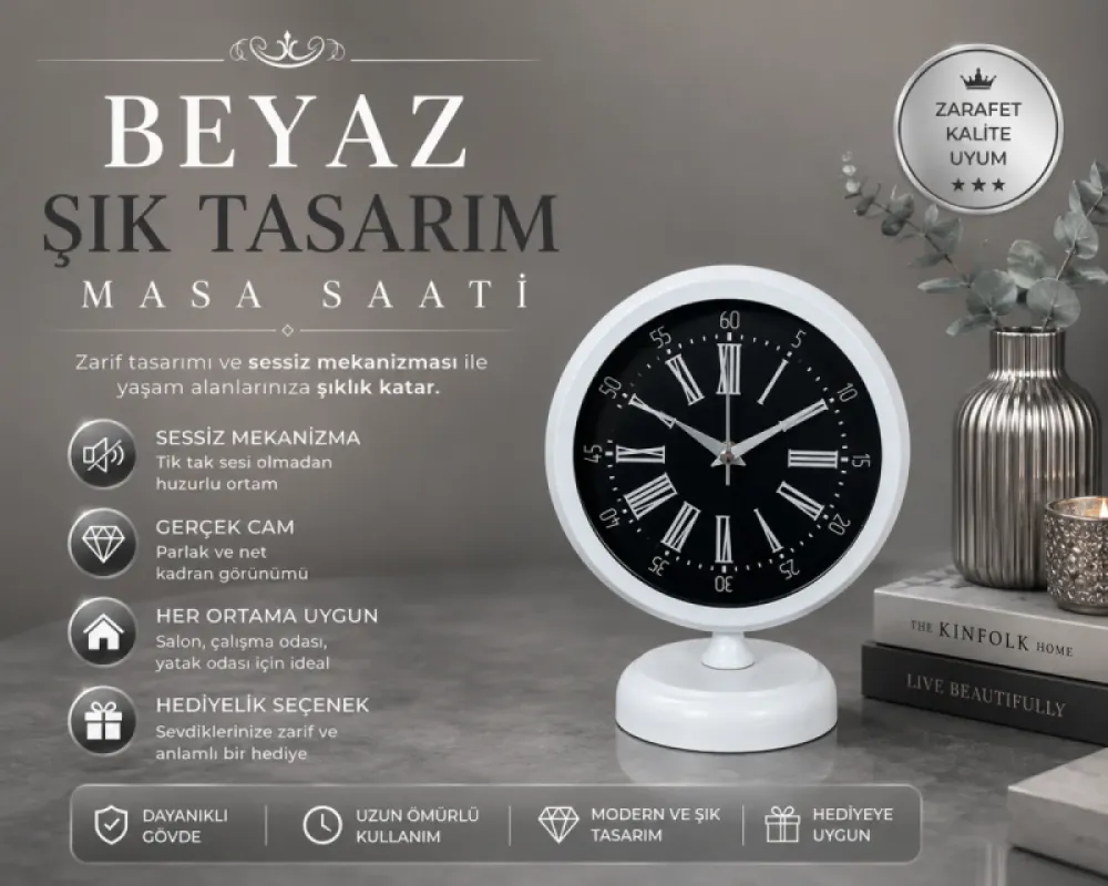 Beyaz Metal Masa Saati 25 x 20 cm · Model MS-2059W