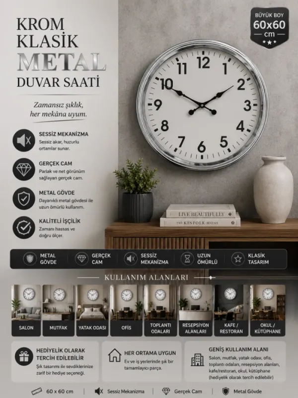 Krom Metal Duvar Saati 60 cm · Model 6001K