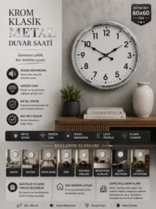 Krom Metal Duvar Saati 60 cm · Model 6001K
