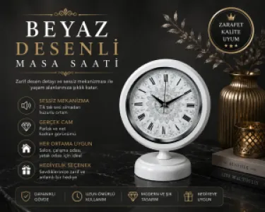 Desenli Beyaz Metal Masa Saati 25 x 20 cm · Model MS-2062W