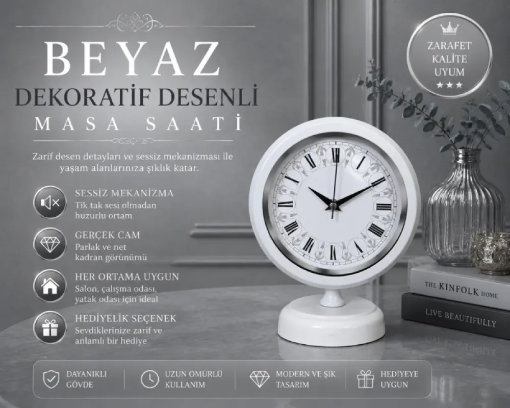 Desenli Beyaz Metal Masa Saati 25 x 20 cm · Model MS-2063W