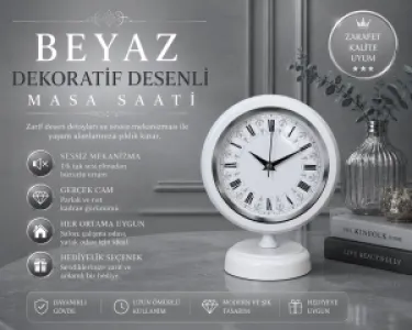 Desenli Beyaz Metal Masa Saati 25 x 20 cm · Model MS-2063W