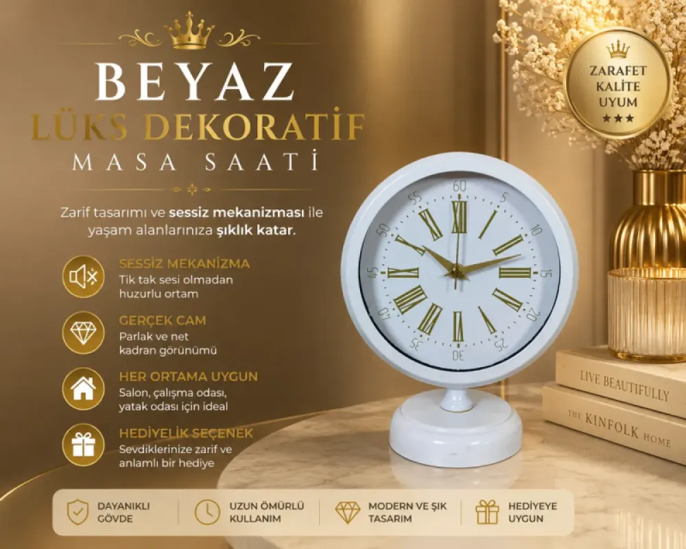Beyaz Metal Masa Saati 25 x 20 cm · Model MS-2074W