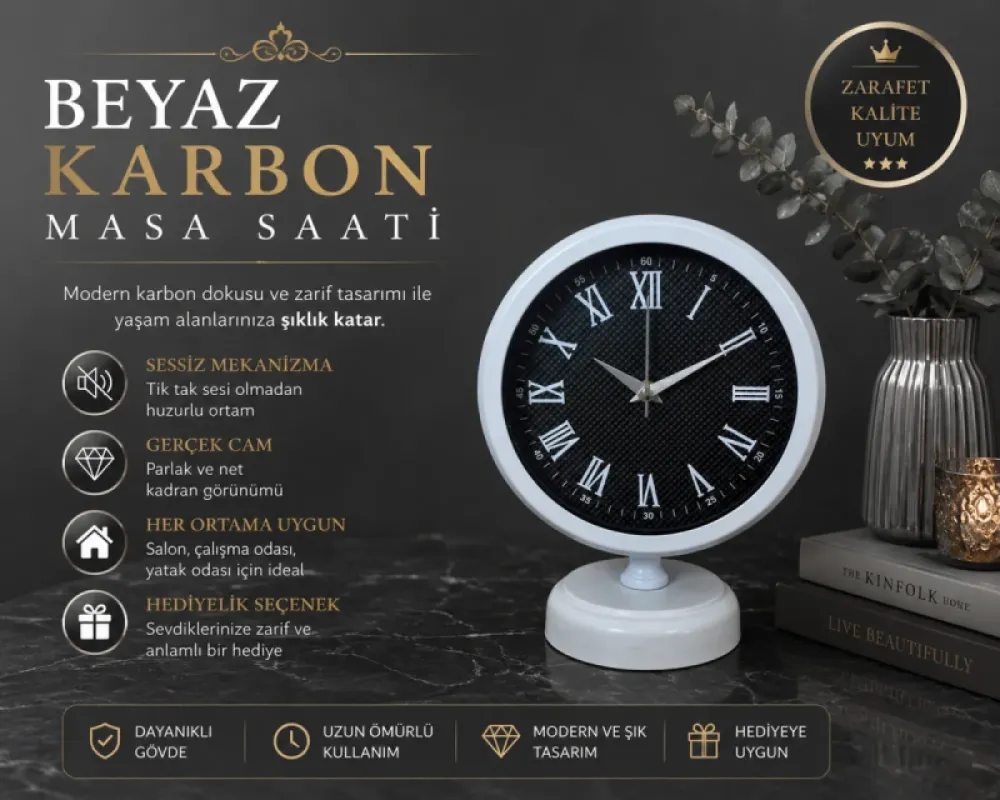 Roma Rakamlı Beyaz Metal Masa Saati 25 x 20 cm · Model MS-2090W