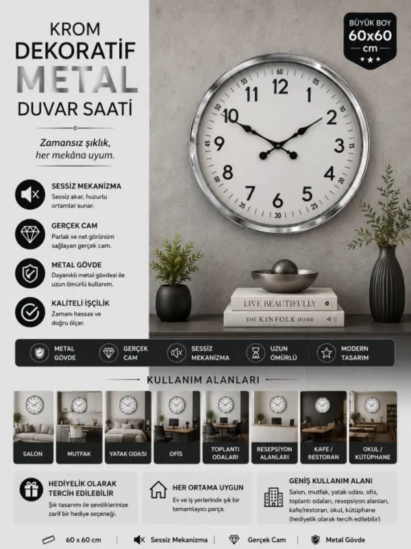 Krom Metal Duvar Saati 60 cm · Model 6005K