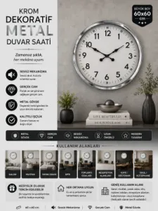 Krom Metal Duvar Saati 60 cm · Model 6005K