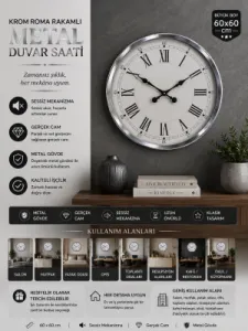 Roma Rakamlı Krom Metal Duvar Saati 60 cm · Model 6055K