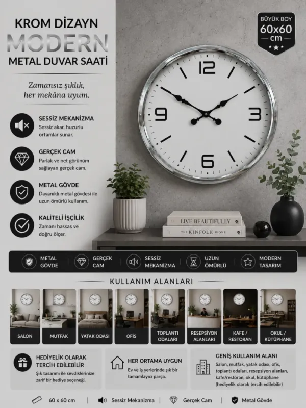 Krom Metal Duvar Saati 60 cm · Model 6008K