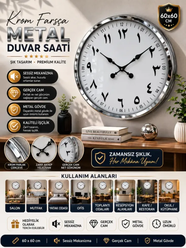 Krom Metal Duvar Saati 60 cm · Model 6099K
