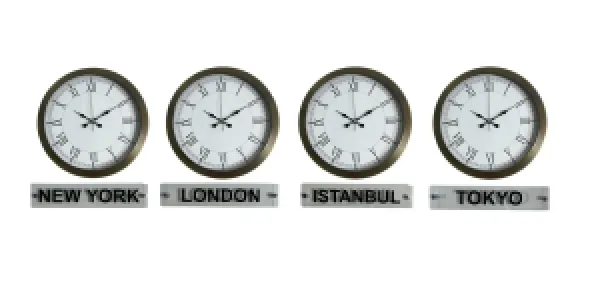 Roma Rakamlı Eskitme Metal 4'lü Tabelalı Dünya Saati 36 cm · Model DS-4XM3655E+T