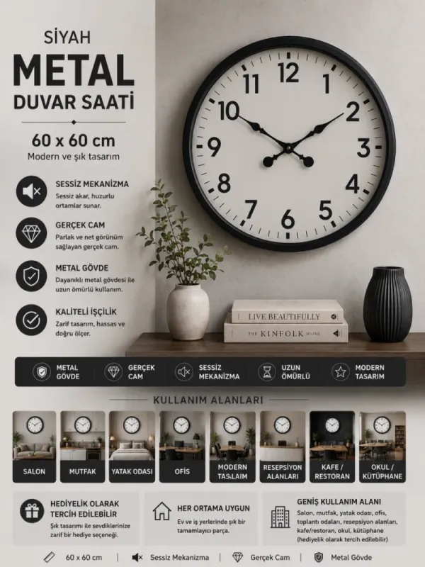 Siyah Metal Duvar Saati 60 cm · Model 6001B