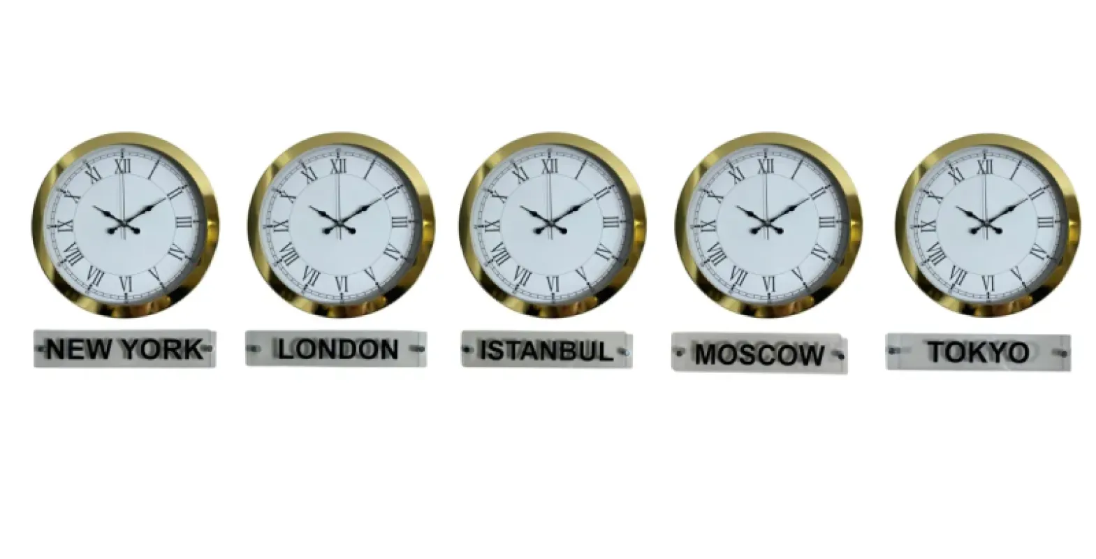 Roma Rakamlı Gold Metal 5'li Tabelalı Dünya Saati 36 cm · Model DS-5XM3655G+T