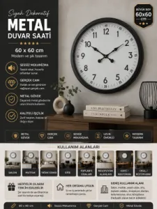 Siyah Metal Duvar Saati 60 cm · Model 6005B