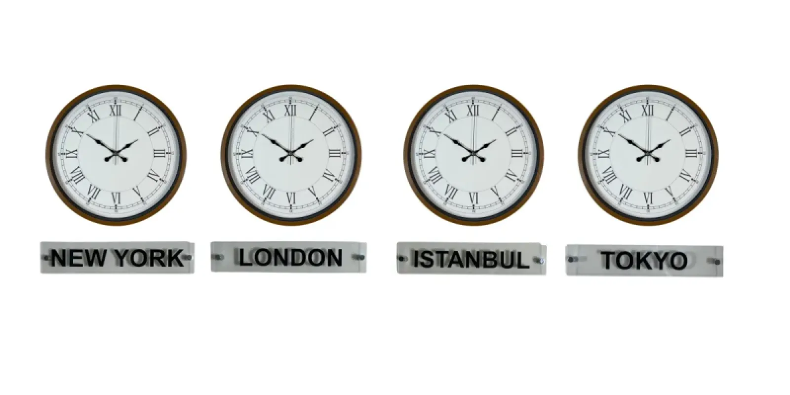 Roma Rakamlı Kahverengi Metal 4'lü Tabelalı Dünya Saati 36 cm · Model DS-4XPP-3655I+T