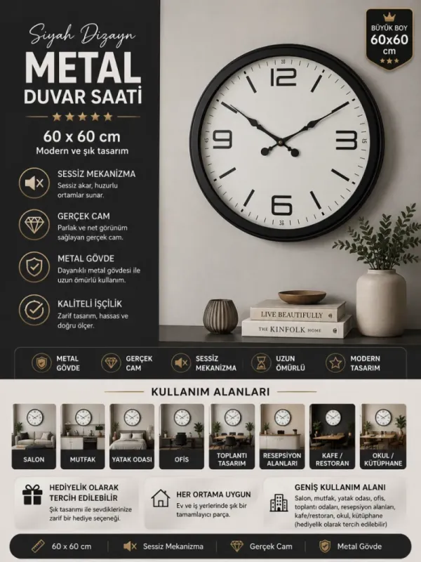 Siyah Metal Duvar Saati 60 cm · Model 6008B