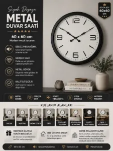 Siyah Metal Duvar Saati 60 cm · Model 6008B