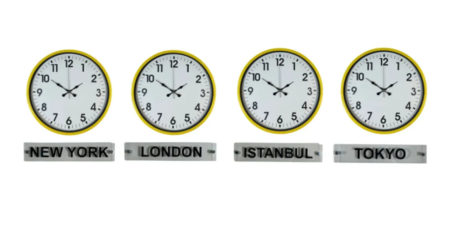 Sarı Metal 4'lü Tabelalı Dünya Saati 36 cm · Model DS-4XPP-3601Y+T