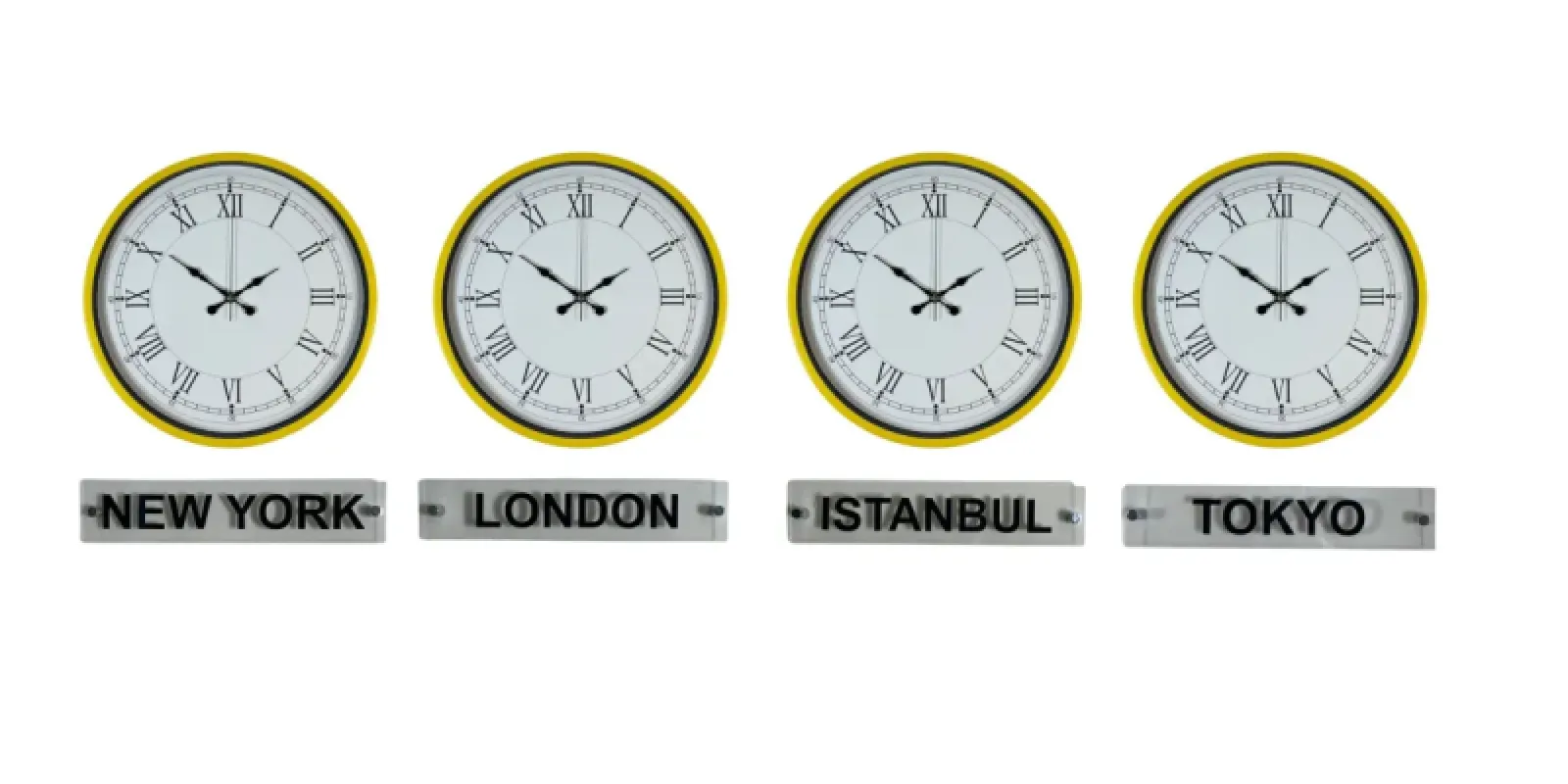 Sarı Metal 4'lü Tabelalı Dünya Saati 36 cm · Model DS-4XPP-3655Y+T