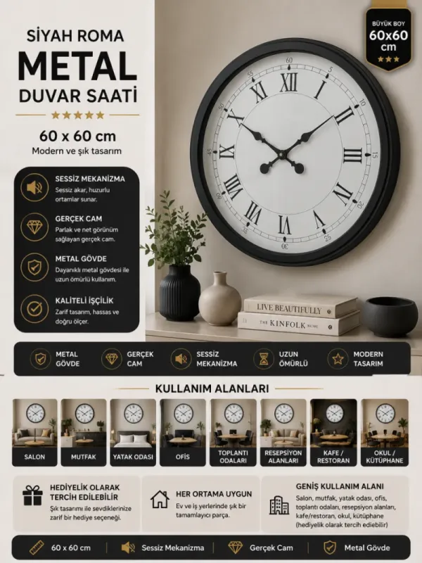 Roma Rakamlı Siyah Metal Duvar Saati 60 cm · Model 6055B
