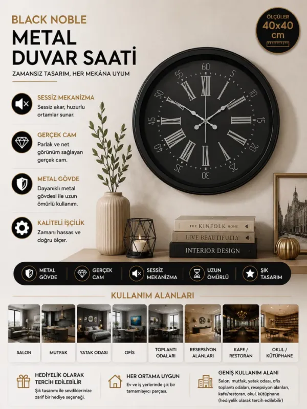 Siyah Metal Duvar Saati 40 cm · Model 4059B
