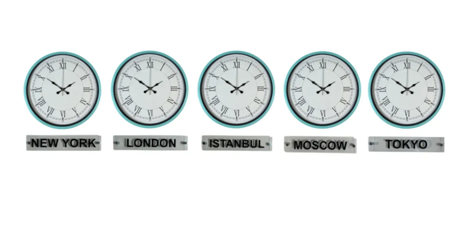 Turkuaz Metal 5'li Tabelalı Dünya Saati 36 cm · Model DS-5XPP-3655T+T