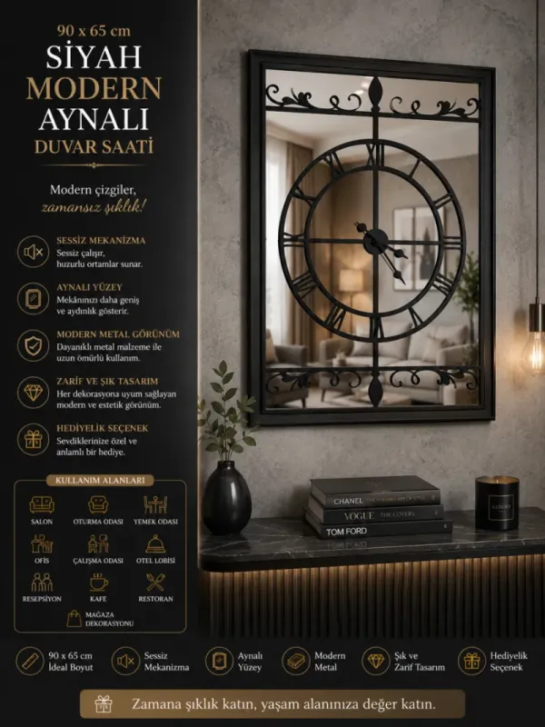 Aynalı Siyah Metal Duvar Saati 110 x 110 x 15 · Model A9065B