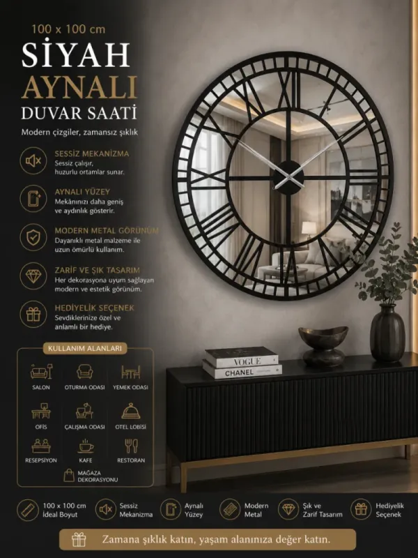Aynalı Siyah Metal Duvar Saati 110 x 110 x 15 · Model A100B