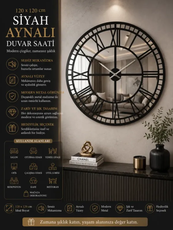 Aynalı Siyah Metal Duvar Saati 130 x 130 x 20 · Model A120B