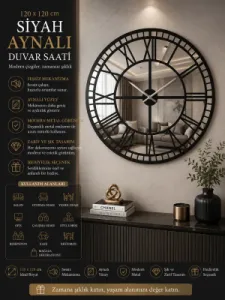 Aynalı Siyah Metal Duvar Saati 130 x 130 x 20 · Model A120B