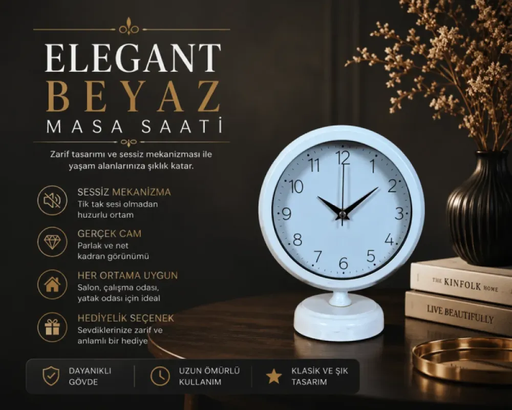 Beyaz Metal Masa Saati 25 x 20 cm · Model MS-2004W