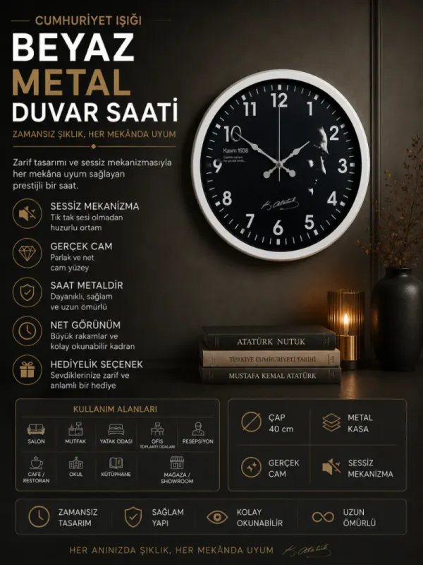 Beyaz Metal Duvar Saati 40 cm · Model 4049W