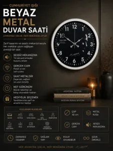 Beyaz Metal Duvar Saati 40 cm · Model 4049W