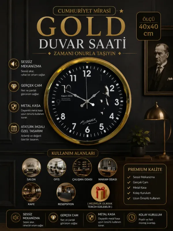 Gold Metal Duvar Saati 40 cm · Model 4049G