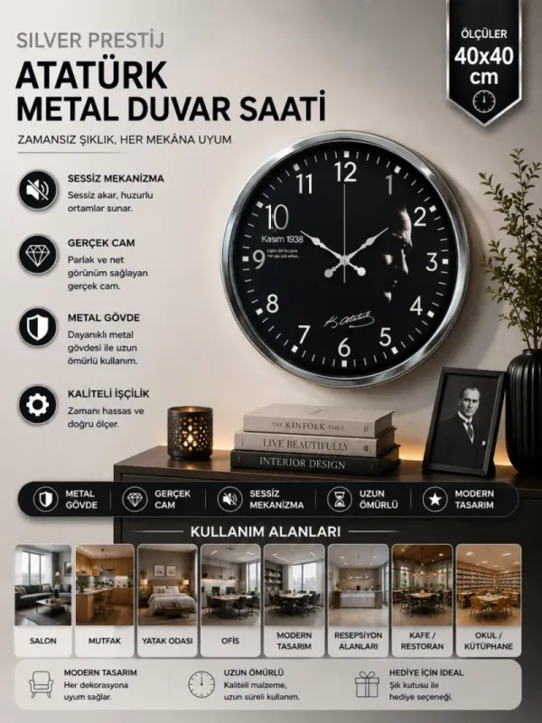 Krom Metal Duvar Saati 40 cm · Model 4049K