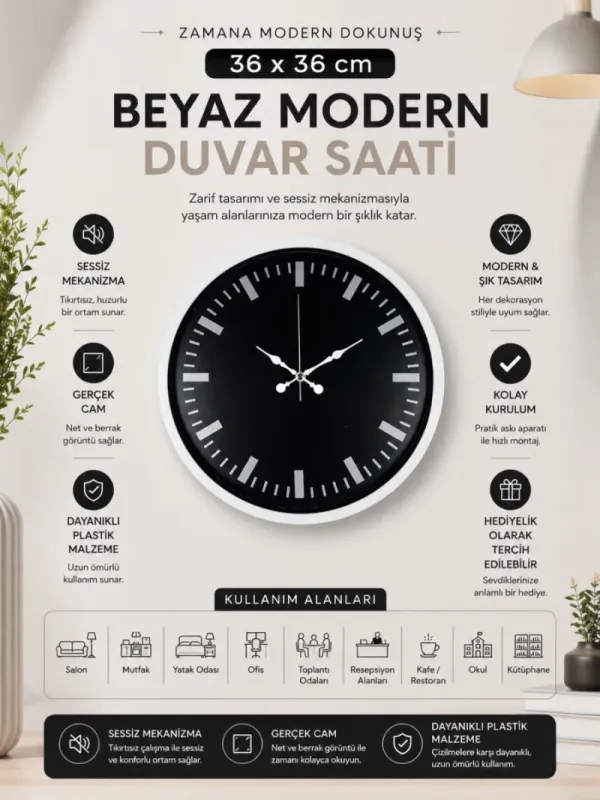 Beyaz Plastik Duvar Saati 36 cm · Model PP-3687W
