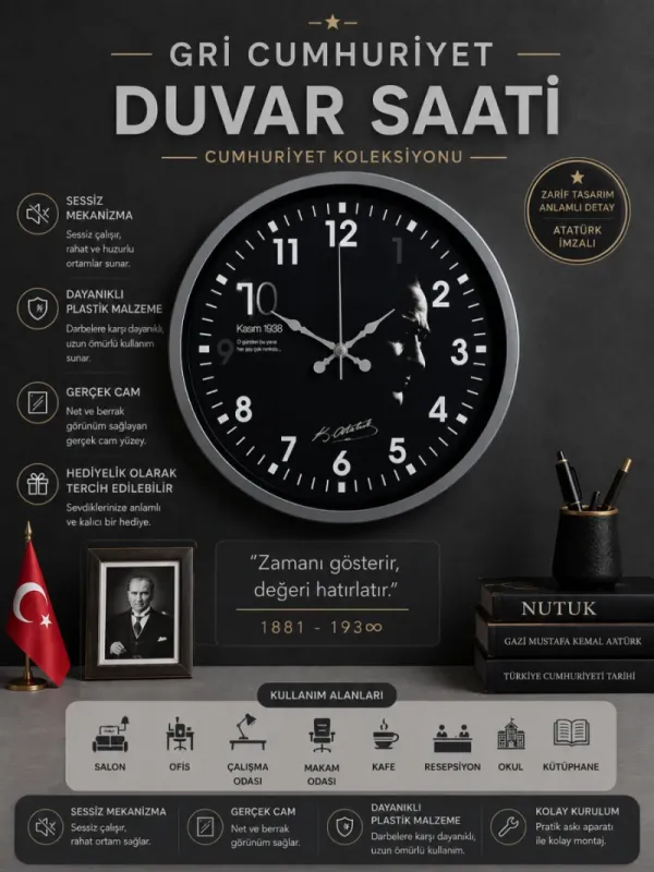 Gri Plastik Duvar Saati 36 cm · Model PP-3649K