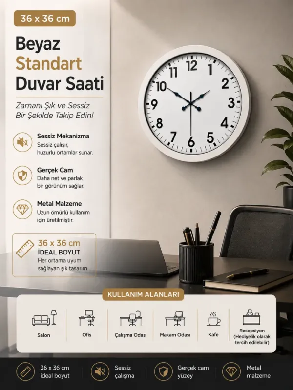 Beyaz Metal Duvar Saati 36 cm · Model 3601W