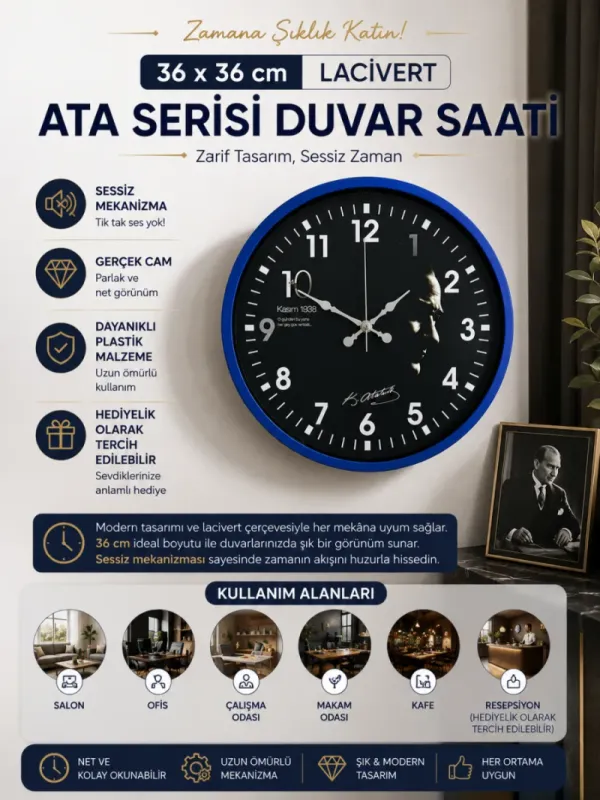 Lacivert Plastik Duvar Saati 36 cm · Model PP-3649V