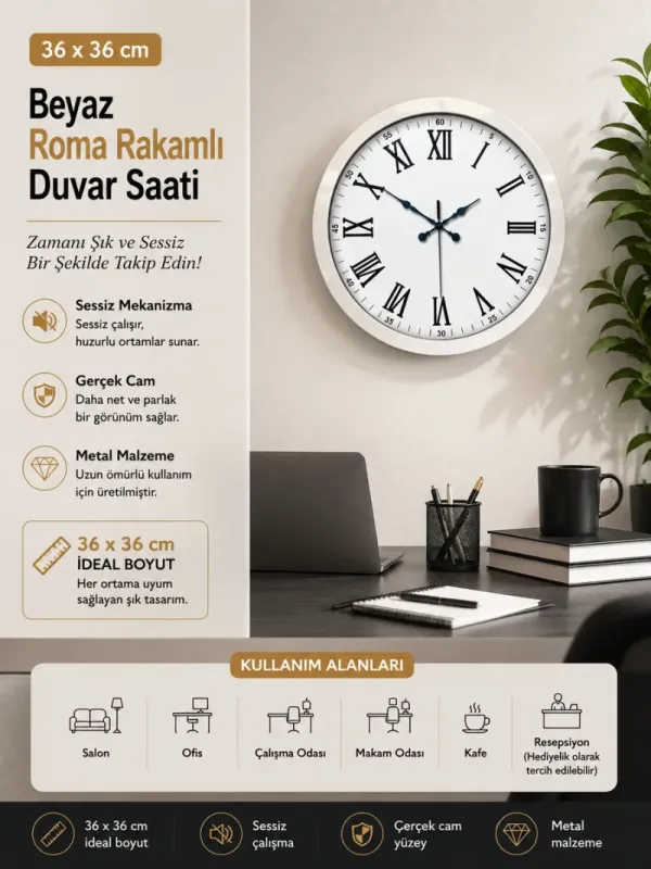 Roma Rakamlı Beyaz Metal Duvar Saati 36 cm · Model 3654W