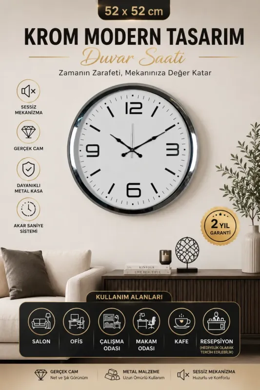 Krom Metal Duvar Saati 52 cm · Model 5208K