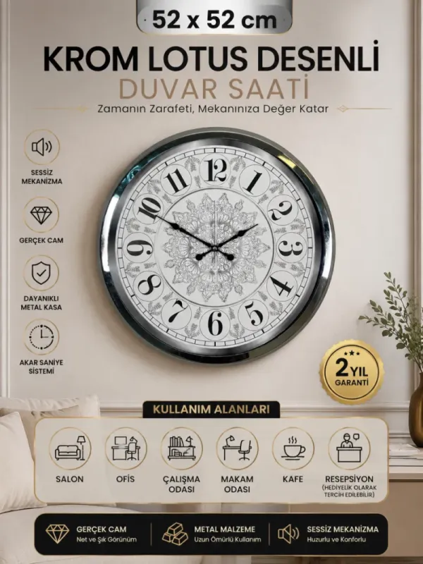 Desenli Krom Metal Duvar Saati 52 cm · Model 5219K