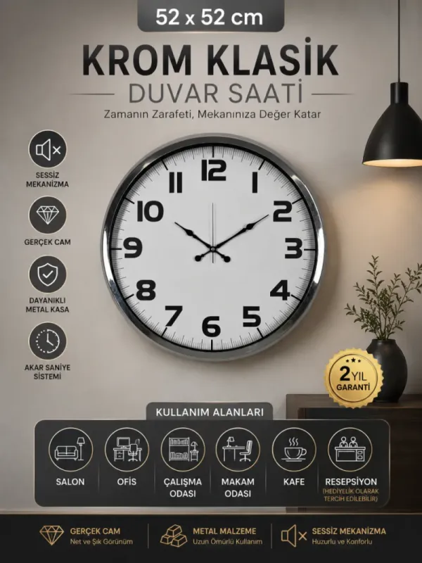 Krom Metal Duvar Saati 52 cm · Model 5236K
