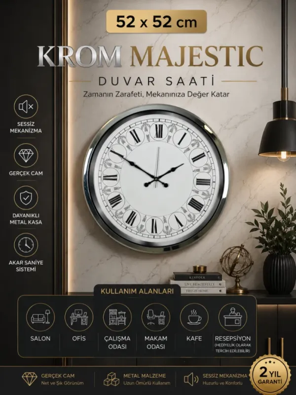 Krom Metal Duvar Saati 52 cm · Model 5263K