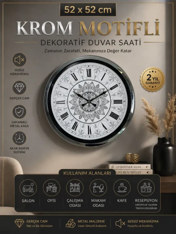 Krom Metal Duvar Saati 52 cm · Model 5269K