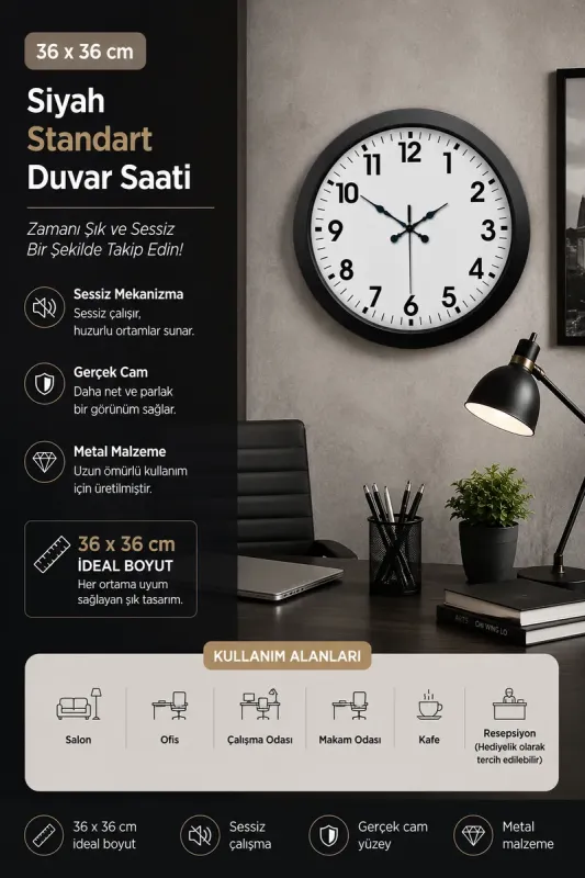 Siyah Metal Duvar Saati 36 cm · Model 3601B