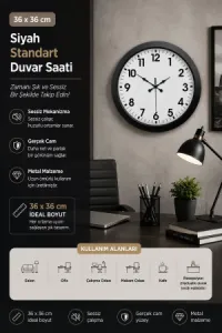 Siyah Metal Duvar Saati 36 cm · Model 3601B